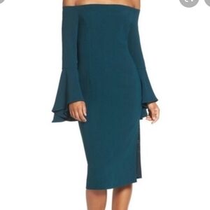 Bardot off shoulder dress dark green midi long sleeve US size 8/M
